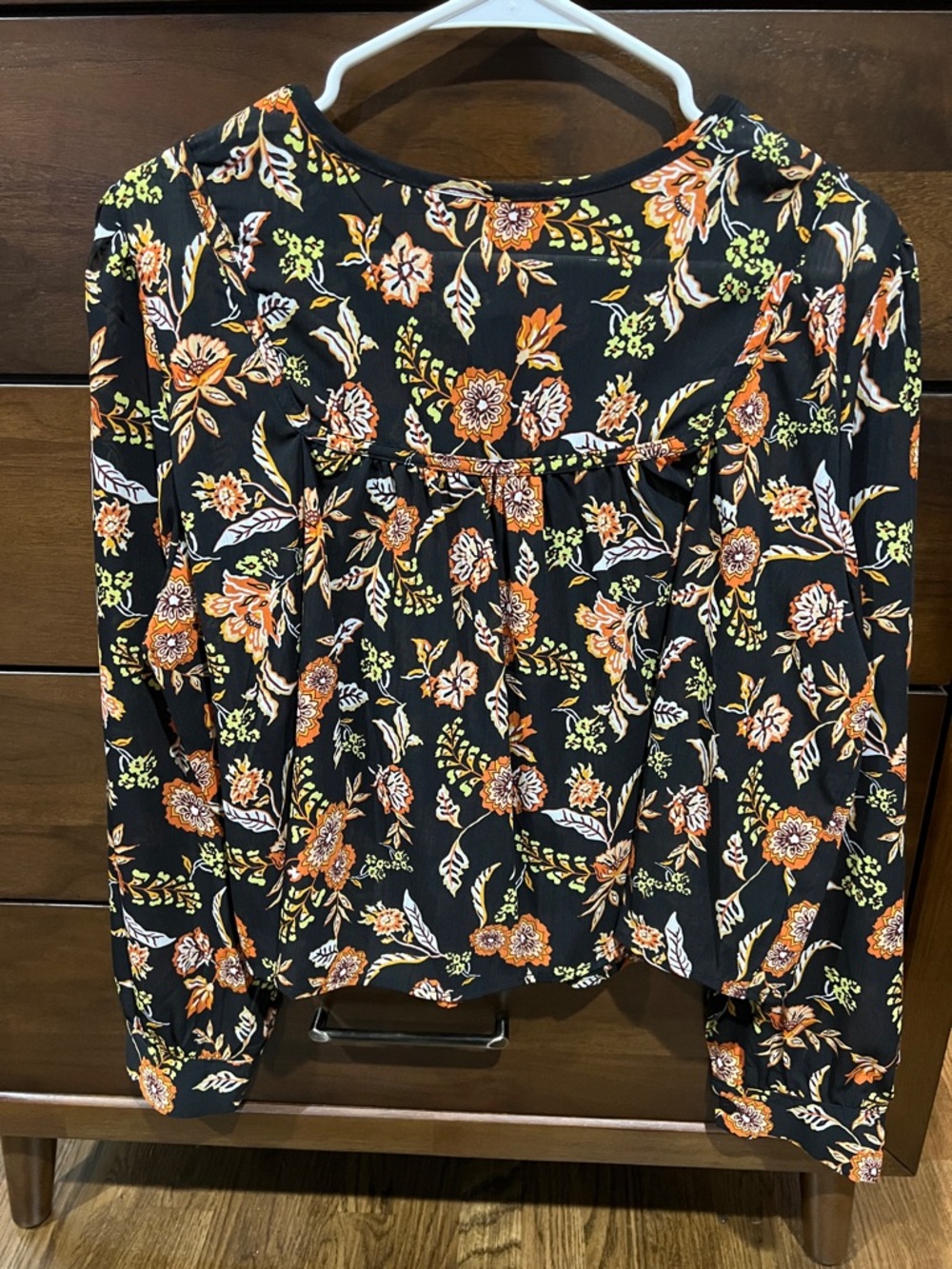 Floral Black Long-Sleeve Blouse with Orange & Cream Print